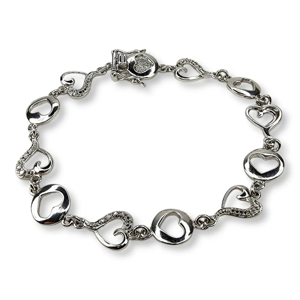 DL Tennis Bracelet 925 Sterling Silver 7.25in Open Heart Link Cubic Zirconia
